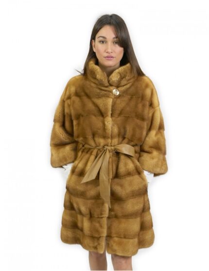 Cappotto pelliccia visone 46 gold manica 3/4 lungo 90 cm tasche esterne