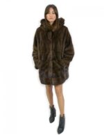 Fur jacket mahogany 50 horizontal mink and full leather with hood external pockets - Image 5