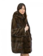 Fur jacket mahogany 50 horizontal mink and full leather with hood external pockets - Image 4