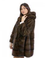 Fur jacket mahogany 50 horizontal mink and full leather with hood external pockets - Image 3