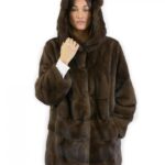 Pelliccia giacca mogano 50 visone orizzontale e pelle intera con cappuccio tasche esterne