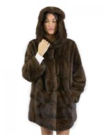 Pelliccia giacca mogano 50 visone orizzontale e pelle intera con cappuccio tasche esterne