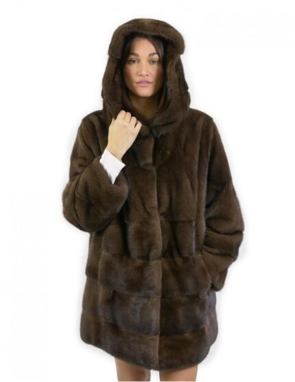 Pelliccia giacca mogano 50 visone orizzontale e pelle intera con cappuccio tasche esterne