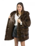 Fur jacket mahogany 50 horizontal mink and full leather with hood external pockets - Image 7