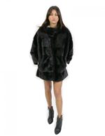 Schwarzes Nerzglockenfell 52 mit innenliegendem Kordelzugkragenkragen Koreanischer Ärmel 3/4 – Bild 5