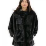 Pelliccia a campana visone nero 52 con coulisse interna vita collo coreana manica 3/4