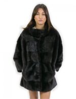 Pelliccia a campana visone nero 52 con coulisse interna vita collo coreana manica 3/4