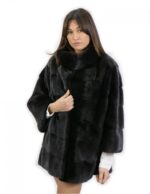 Schwarzes Nerzglockenfell 52 mit innenliegendem Kordelzugkragenkragen Koreanischer Ärmel 3/4 – Bild 3