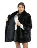 Schwarzes Nerzglockenfell 52 mit innenliegendem Kordelzugkragenkragen Koreanischer Ärmel 3/4 – Bild 7