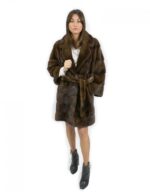 Cappotto pelliccia lungo 90 cm taglia 42 visone con cintura in pelliccia esterna e collo bavero