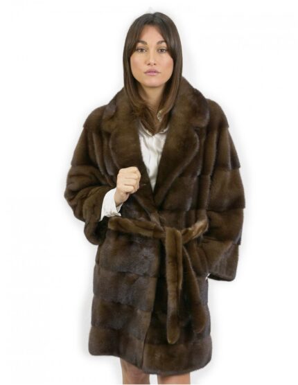 Cappotto pelliccia lungo 90 cm taglia 42 visone con cintura in pelliccia esterna e collo bavero