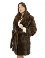 Cappotto pelliccia lungo 90 cm taglia 46 visone con cintura in pelliccia esterna e collo bavero