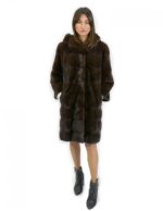 Cappotto pelliccia lungo 92 cm taglia 50 visone con cappuccio manica 3/4 e tasche esterne