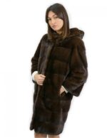 Cappotto pelliccia lungo 92 cm taglia 50 visone con cappuccio manica 3/4 e tasche esterne