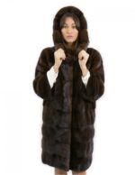 Cappotto pelliccia lungo 92 cm taglia 50 visone con cappuccio manica 3/4 e tasche esterne