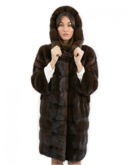 Cappotto pelliccia lungo 92 cm taglia 50 visone con cappuccio manica 3/4 e tasche esterne