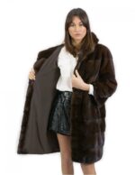 Cappotto pelliccia lungo 92 cm taglia 50 visone con cappuccio manica 3/4 e tasche esterne