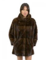 Pelliccia a campana visone mogano 50 con coulisse interna vita collo coreana manica 3/4