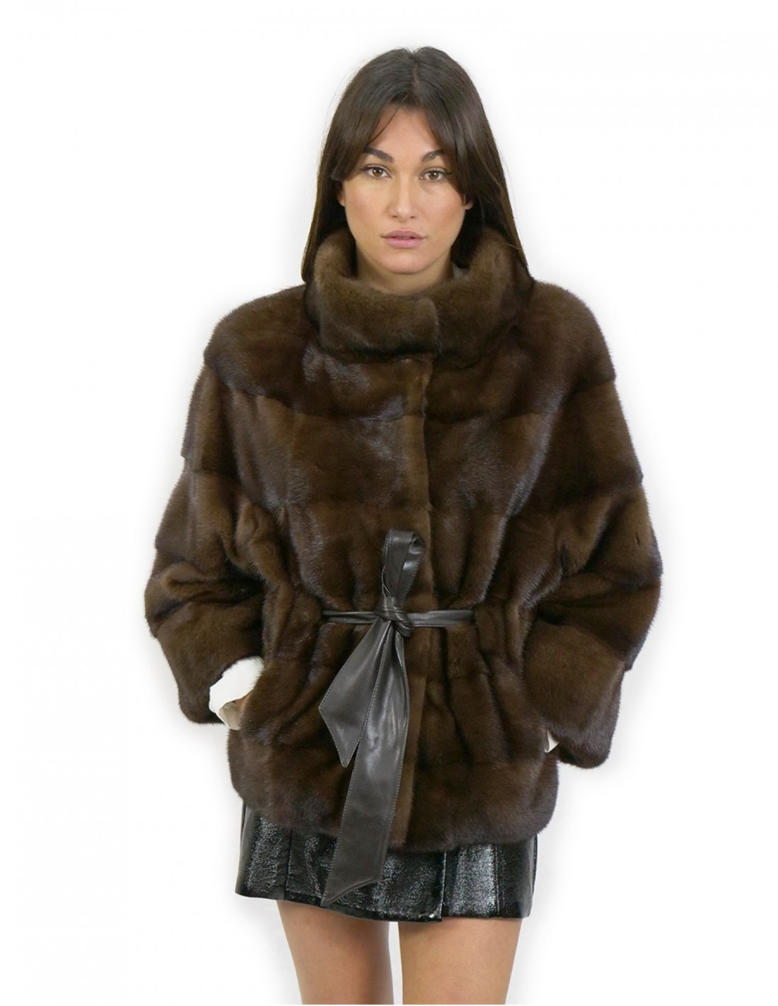 Giacca 62 cm taglia 48 demi visone orizzontale con cintura pelle interna e collo coreana tasche esterne