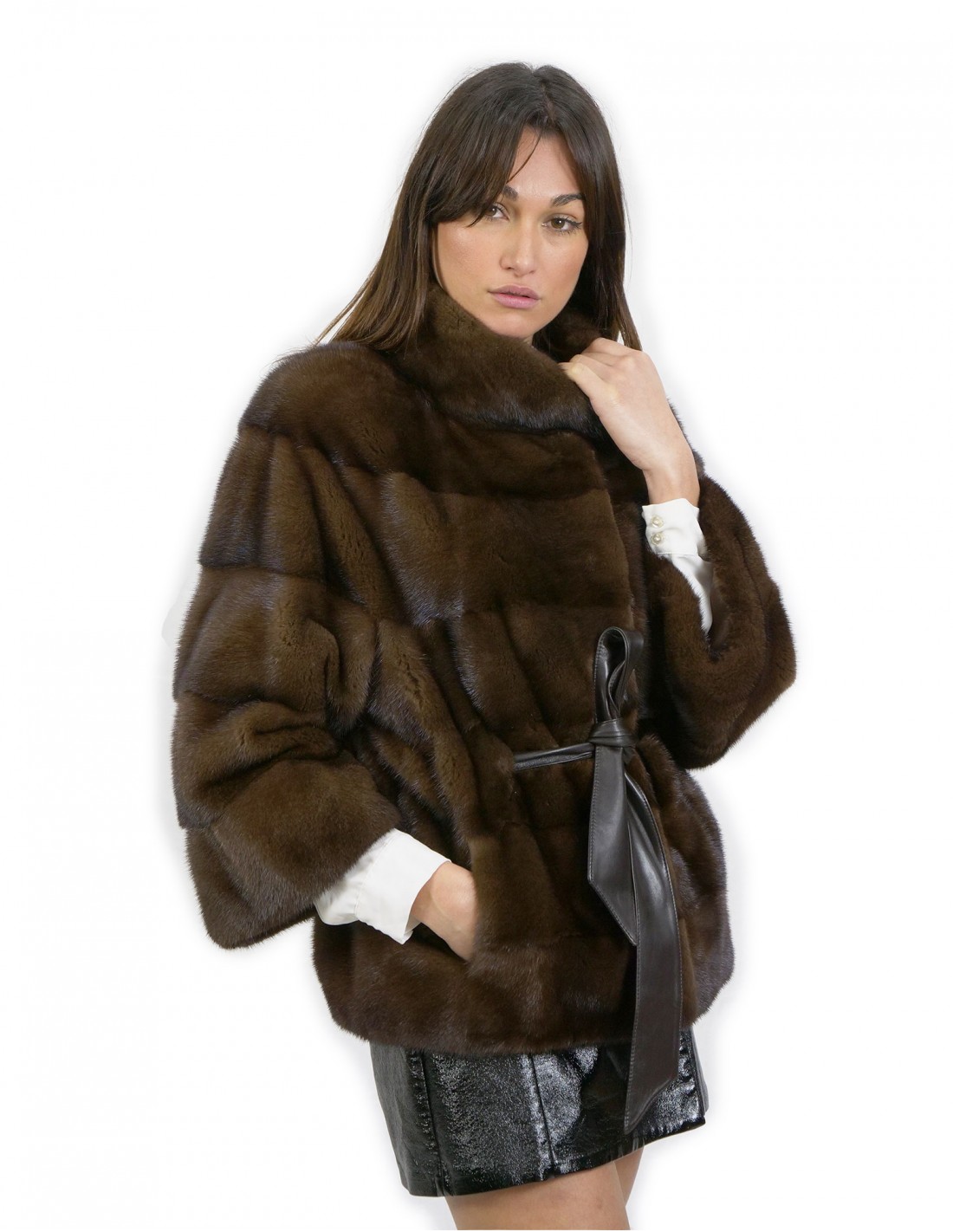 Jacket 62 cm size 48 demi horizontal mink with inner leather belt and Korean collar external pockets - Image 3
