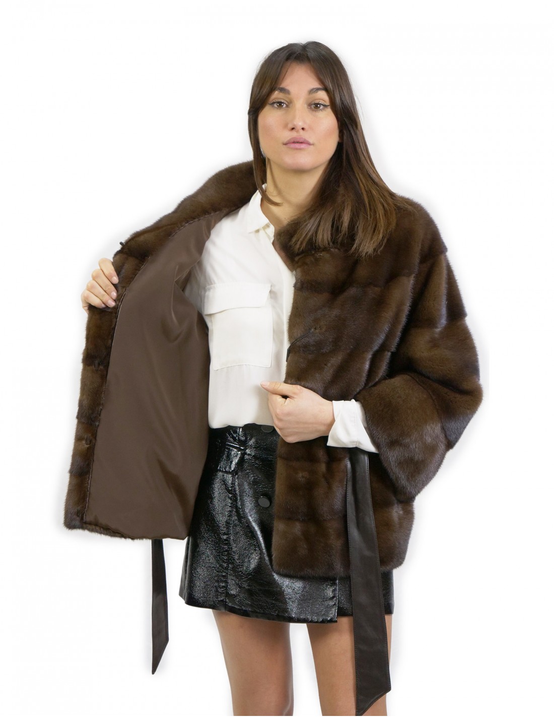 Jacket 62 cm size 48 demi horizontal mink with inner leather belt and Korean collar external pockets - Image 7