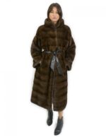 Coat 120 cm demi 48 with mink fur leather belt with long sleeves horizontal collar - Image 5