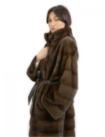 Coat 120 cm demi 48 with mink fur leather belt with long sleeves horizontal collar - Image 4