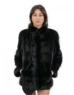 Giacca taglia 46 pelliccia visone orizzontale collo coreana black manica 3/4 lunga 70 centimetri