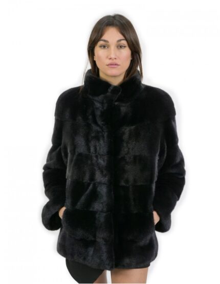 Giacca taglia 46 pelliccia visone orizzontale collo coreana black manica 3/4 lunga 70 centimetri