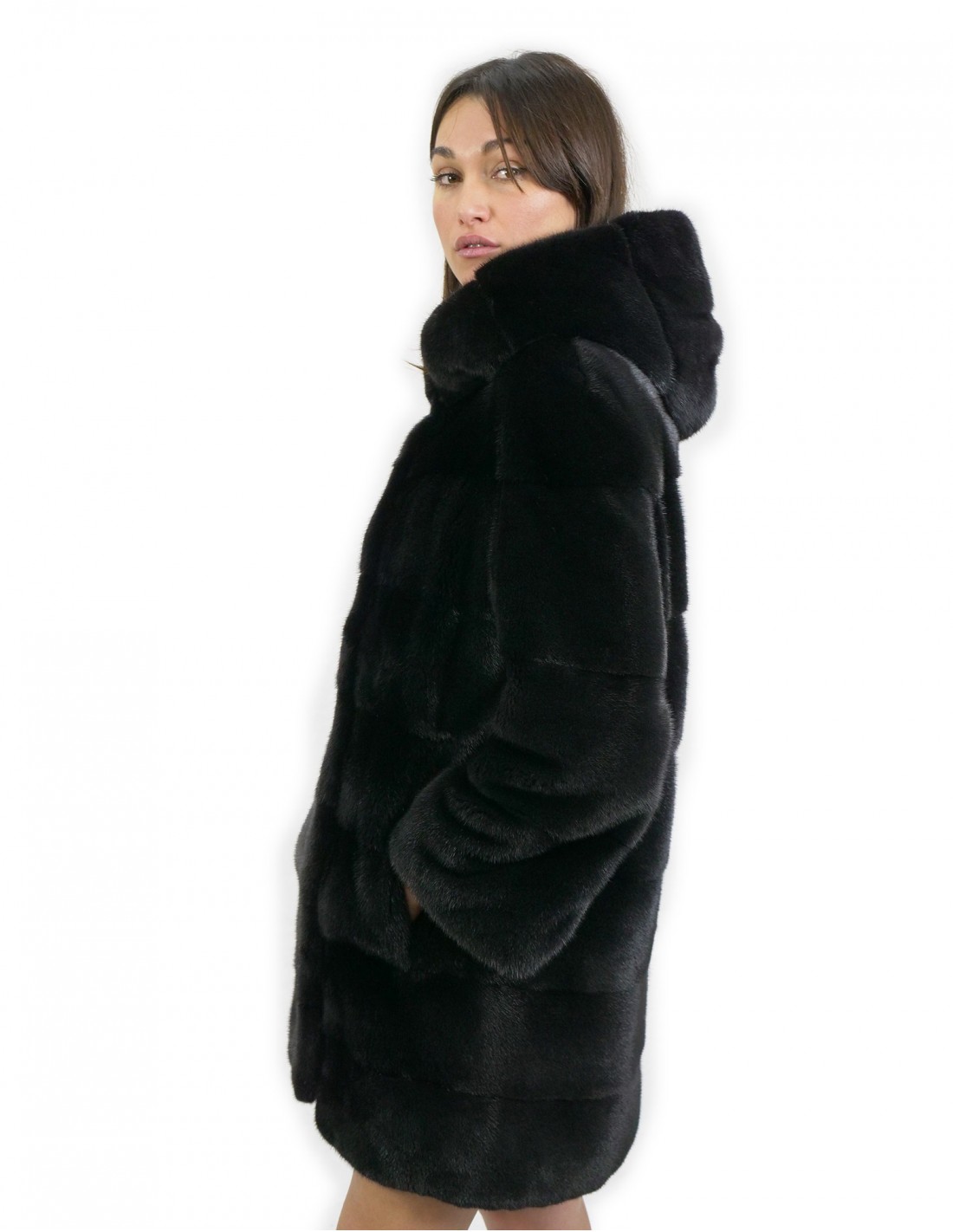 Jackengröße 44 lang 88 cm Fell Nerz horizontal Kapuze schwarz Ärmel 3/4 – Bild 2