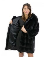 Jackengröße 44 lang 88 cm Fell Nerz horizontal Kapuze schwarz Ärmel 3/4 – Bild 6