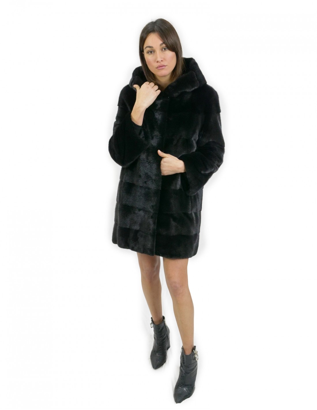 Jackengröße 46 lang 88 cm Fell Nerz horizontal Kapuze schwarz Ärmel 3/4 – Bild 5