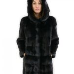 Giacca taglia 46 lunga 88 centimetri pelliccia visone orizzontale cappuccio black manica 3/4