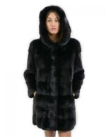 Giacca taglia 46 lunga 88 centimetri pelliccia visone orizzontale cappuccio black manica 3/4