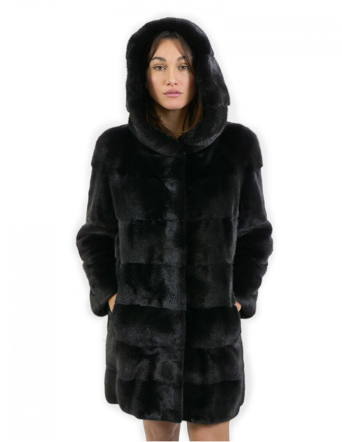 Giacca taglia 46 lunga 88 centimetri pelliccia visone orizzontale cappuccio black manica 3/4