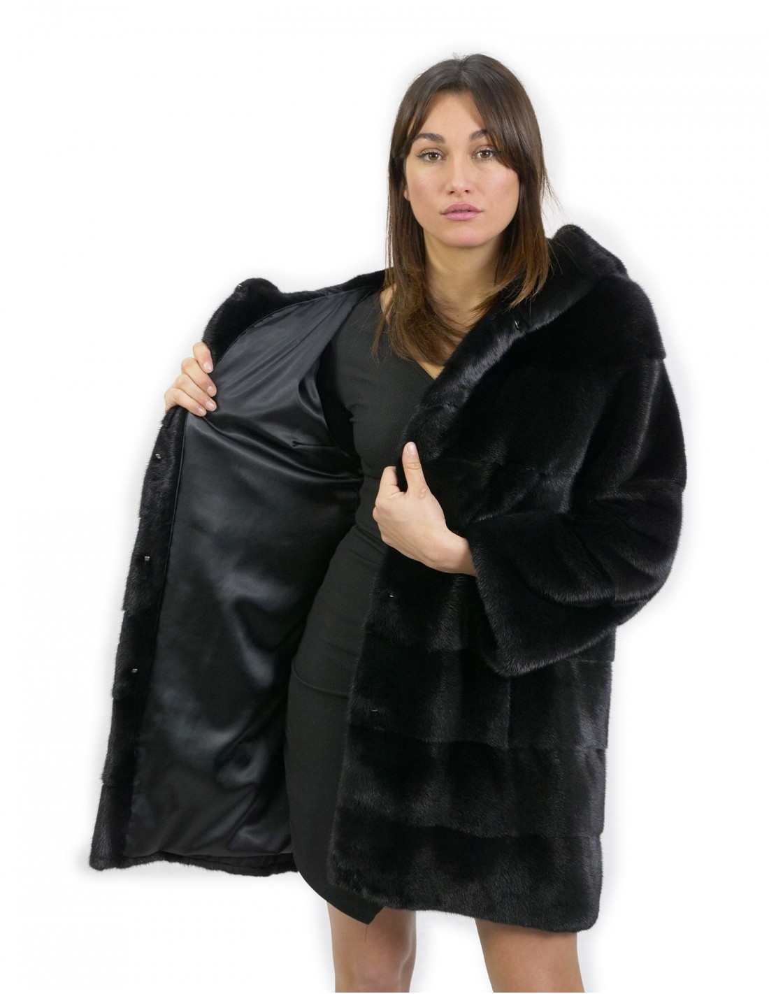 Jackengröße 46 lang 88 cm Fell Nerz horizontal Kapuze schwarz Ärmel 3/4 – Bild 7