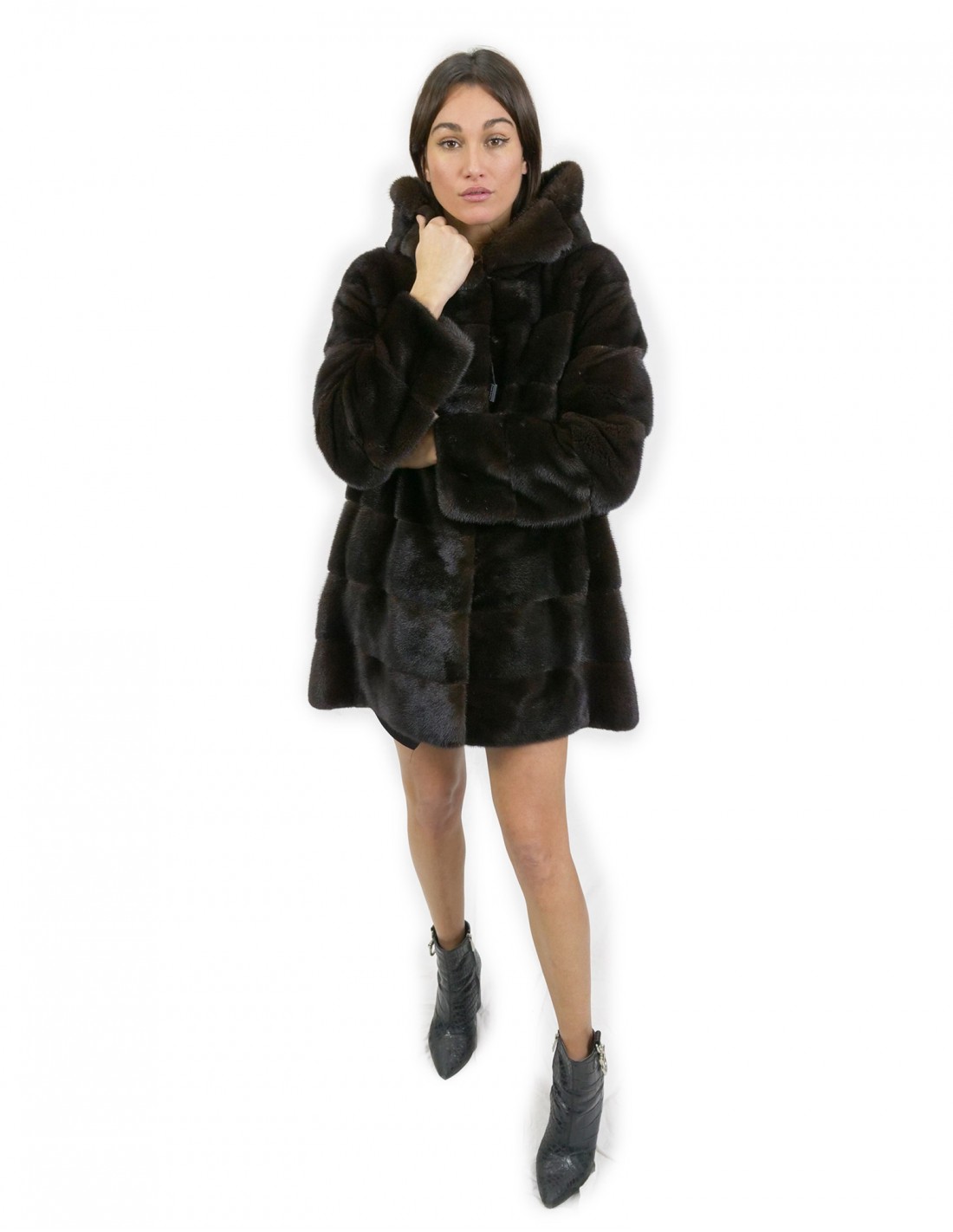 80 см длина красное дерево капюшон куртка размер 48 горизонтальный норковый мех с кожаным ремнем внешние карманы — изображение 5