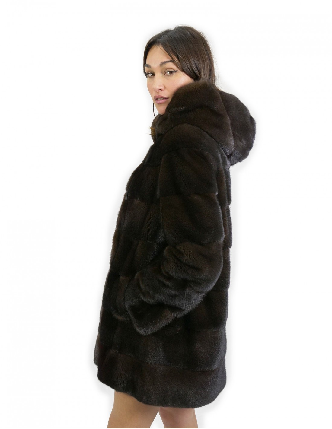 80 см длина красное дерево капюшон куртка размер 48 горизонтальный норковый мех с кожаным ремнем внешние карманы — изображение 3