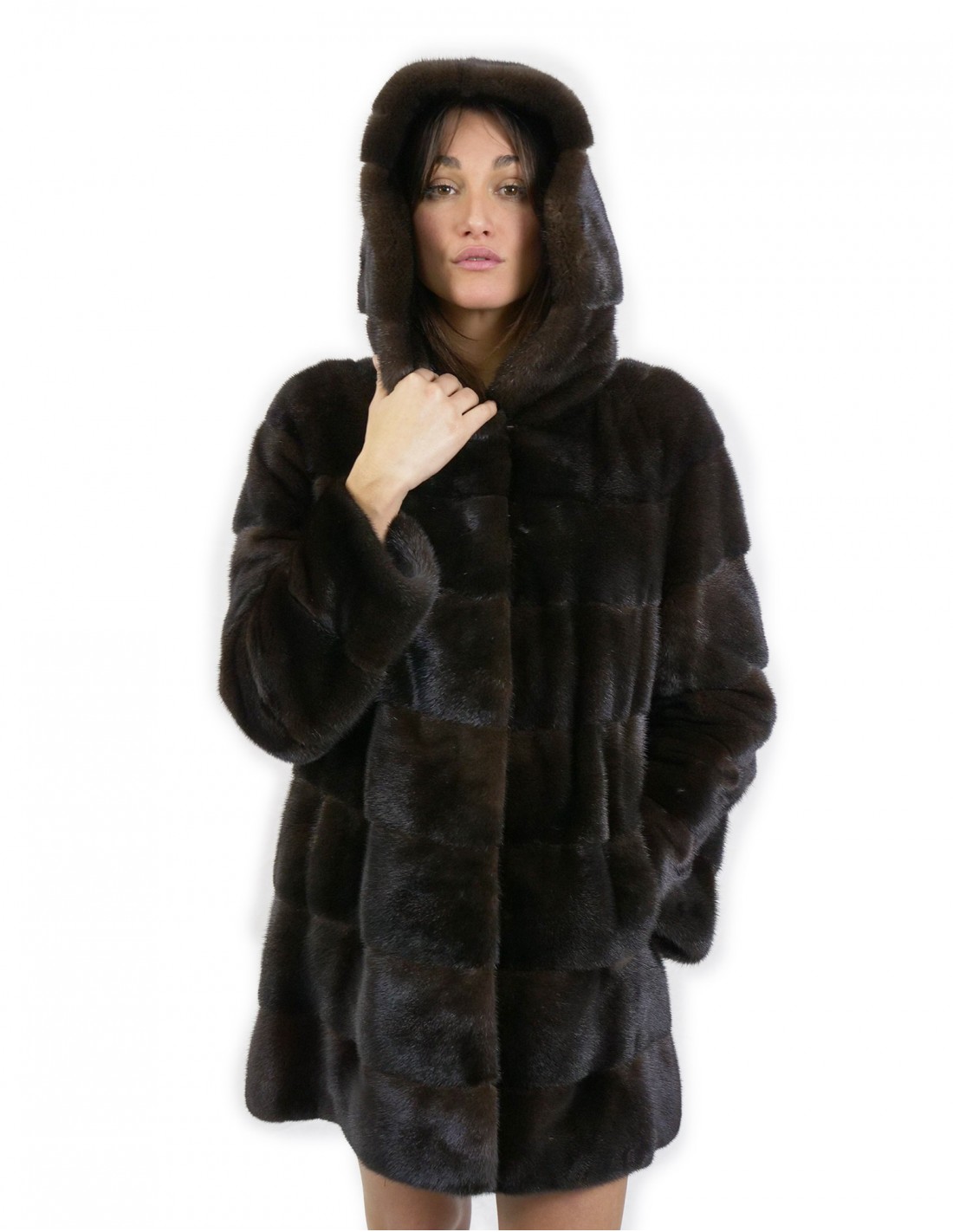 Giacca con cappuccio mogano lungo 80 cm taglia 48 pelliccia di visone orizzontale con cintura in pelle tasche esterne