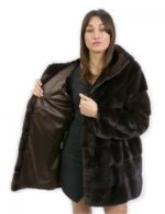 80 см длина красное дерево капюшон куртка размер 48 горизонтальный норковый мех с кожаным ремнем внешние карманы — изображение 7