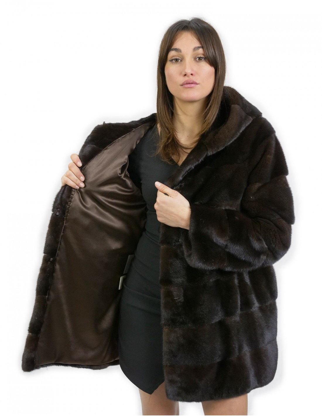 80 см длина красное дерево капюшон куртка размер 48 горизонтальный норковый мех с кожаным ремнем внешние карманы — изображение 7