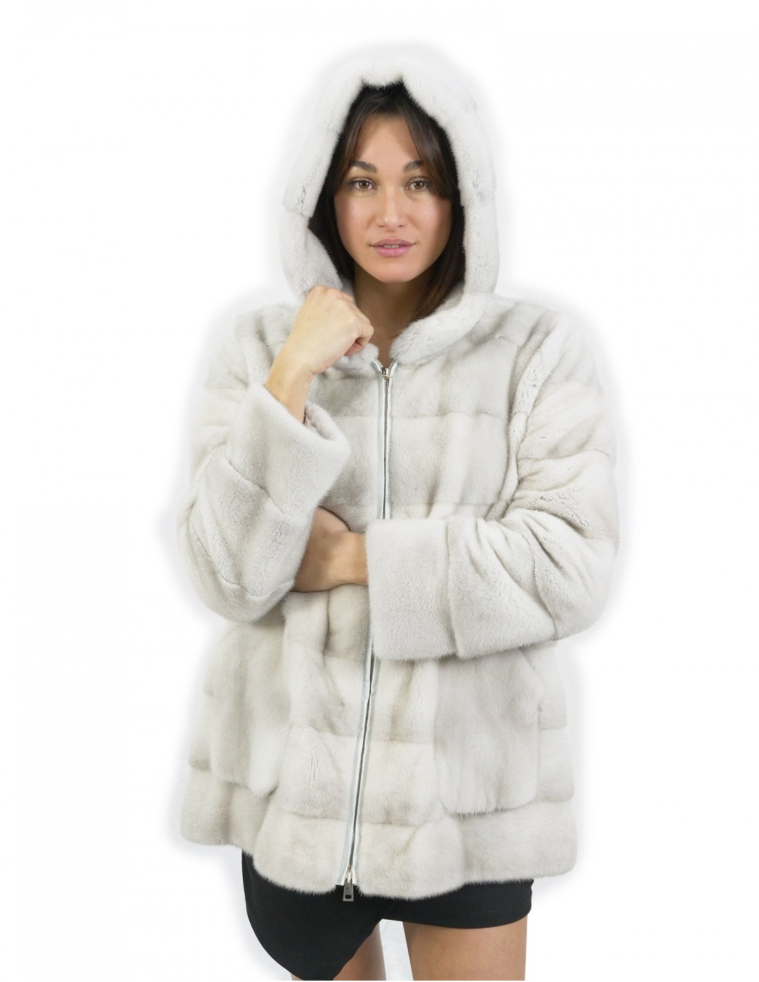 Giacca colore bianco violet taglia 50 pelliccia di visone orizzontale chiusura zip tasche simil boccale esterne