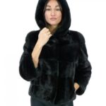 Giacca corta nero in pelliccia di visone orizzontale 42 manica 3/4 cappuccio tasche esterne