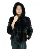 Giacca corta nero in pelliccia di visone orizzontale 42 manica 3/4 cappuccio tasche esterne