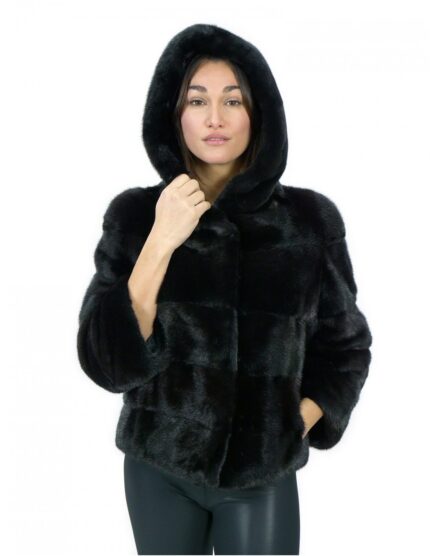 Giacca corta nero in pelliccia di visone orizzontale 42 manica 3/4 cappuccio tasche esterne