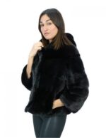 Giacca corta nero in pelliccia di visone orizzontale 42 manica 3/4 cappuccio tasche esterne