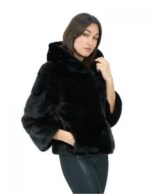 Giacca corta nero in pelliccia di visone orizzontale 42 manica 3/4 cappuccio tasche esterne