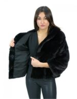 Giacca corta nero in pelliccia di visone orizzontale 42 manica 3/4 cappuccio tasche esterne