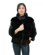 Giacca corta mogano in pelliccia di visone orizzontale 42 manica 3/4 collo pistagna tasche esterne