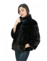Short mahogany jacket in horizontal mink fur 42 sleeves 3/4 pistachio collar external pockets - Image 3